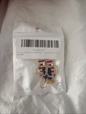 American Flag Dangle Earrings - Gold Tone Red, White & Blue